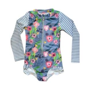 Girls' Floral Blue Long-Sleeve Zip Front Rashguard Swimsuit